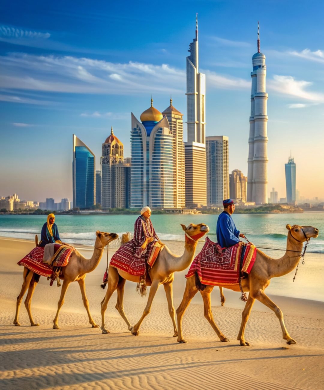 Dubai beach. Camels passing by on a Dubai Jumeirah beach